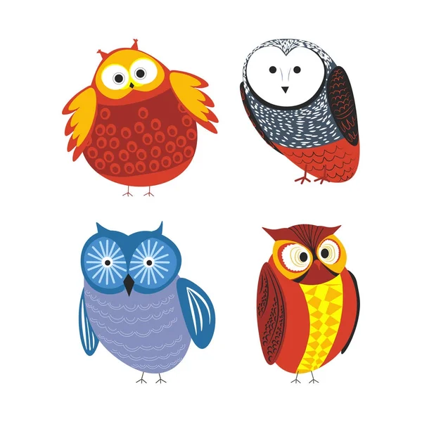 Hibou Dessin Animé Enfant Personnages Drôles Avec Ornement Plumes Isolées — Image vectorielle