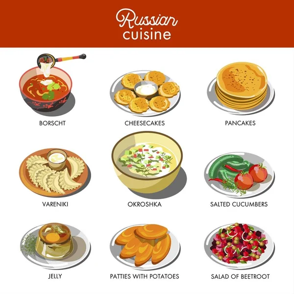 Russian cuisine traditional food dishes of pancakes, cucumber pickles or borscht and potato patty, okroshka vegetable soup, vareniki dumpling and beetroot salad. Vector icons of Russia restaurant menu