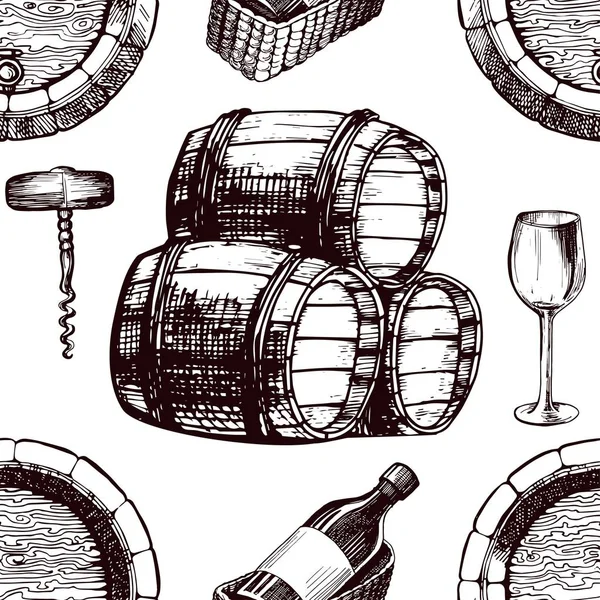 Wine Winery Pattern Sketch Seamless Background Vector Tile Wine Barrel — Stock Vector