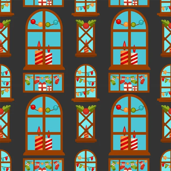 Décoration Noël Dans Les Fenêtres Maison Fond Motif Sans Couture — Image vectorielle