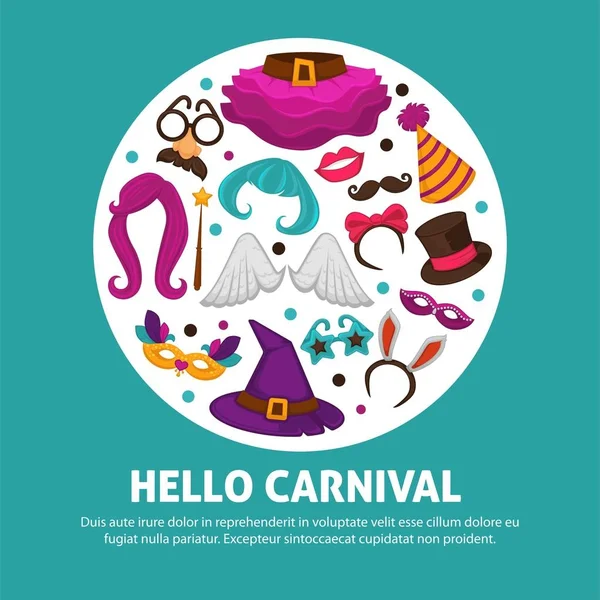 Great Carnival Party Advertisement Banner Costume Accessories Circle Isolated Vector — Stock Vector