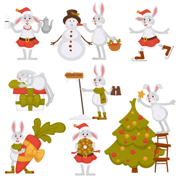 크리스마스 인사말 디자인 파일에 아이콘 토끼와 눈사람 스케이팅 — 스톡 벡터