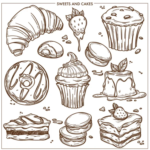 Desserts Sucrés Gâteaux Cupcakes Boulangerie Esquissent Des Icônes Croissant Chocolat — Image vectorielle