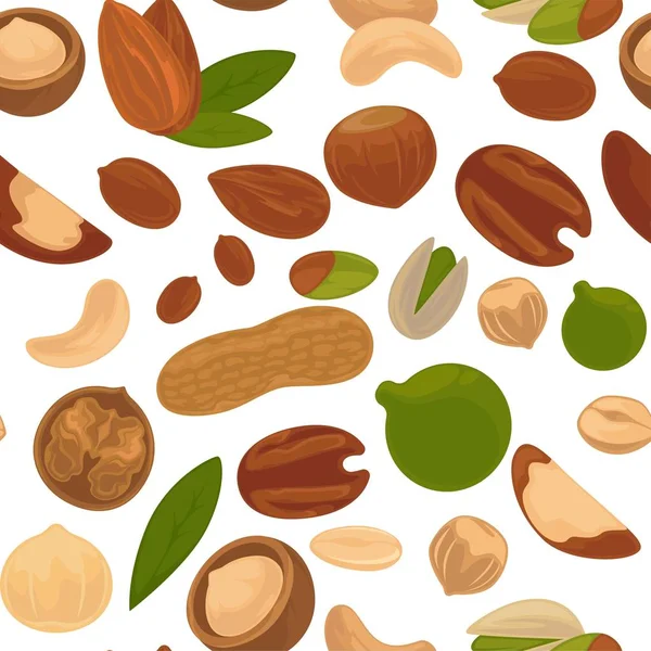おいしい栄養価の高いナッツは 白い背景の上のシームレスなパターンの中のビタミンやミネラル分離漫画フラット ベクトルのイラストのフルします 無限テクスチャで健康的な脂肪の自然食品 — ストックベクタ