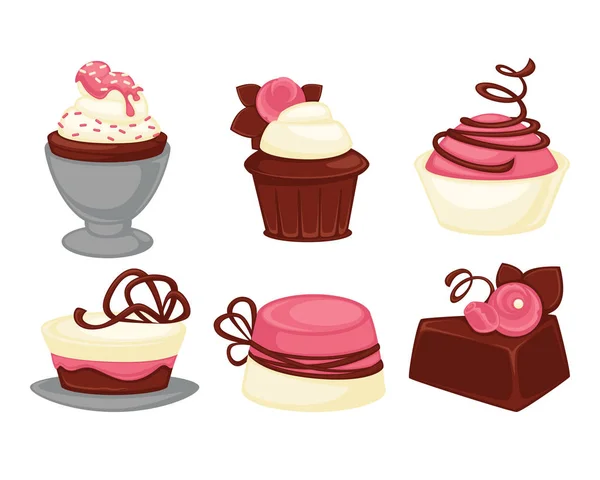 Postres Dulces Pasteles Cupcakes Iconos Vector Aislado Helado Chocolate Magdalenas — Vector de stock