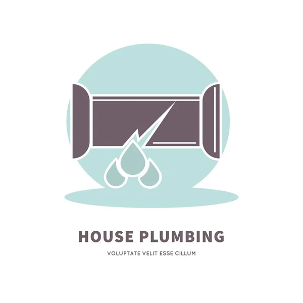 Σπίτι Υδραυλικά Υπηρεσία Διαφήμιση Λογότυπου Σπασμένο Σωλήνα Νερού Και Σταγόνες — Διανυσματικό Αρχείο
