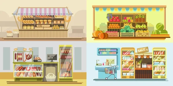 Présentoirs Comptoir Magasin Stand Produit Magasin Alimentation Vector Flat Grocery — Image vectorielle