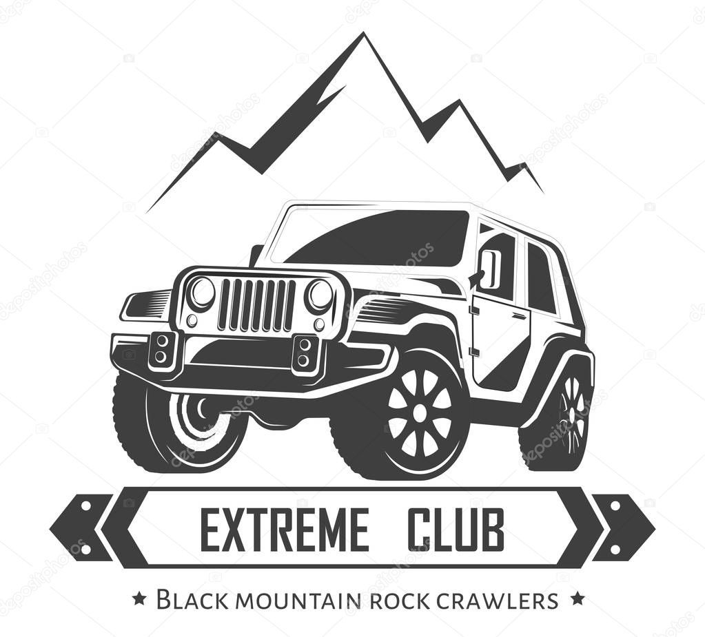 Off-road 4x4 extreme car club logo template. Vector symbol or icon of off road car