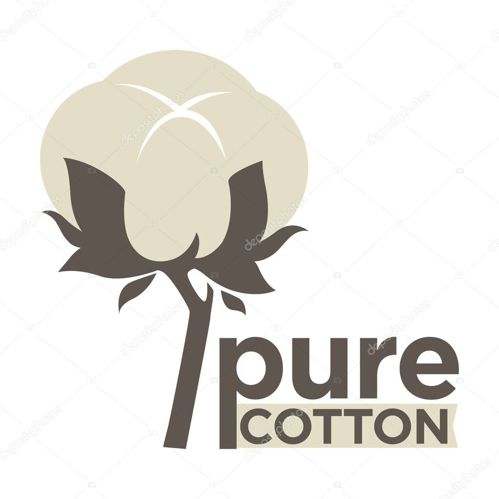 Cotton labels or logo for pure 100 percent natural cotton textile tag. Vector isolated icon for clothing label or eco fabric design template of leaf, flower and thread in needle