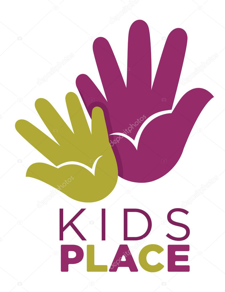 Kids zone logo template of child palm hands smiling face smiles and letters. Vector icon for kindergarten or children playground and education school classroom or family entertainment place
