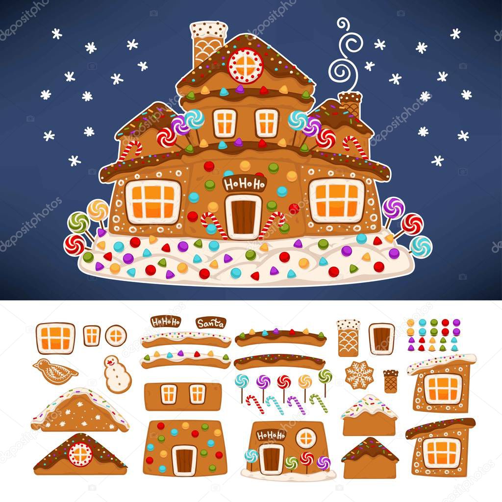 Christmas gingerbread cookie house constructor icons. Vector isolated cartoon ginger candy Santa house roof with caramel chimney and glaze snow windows for Christmas or New Year greeting card design