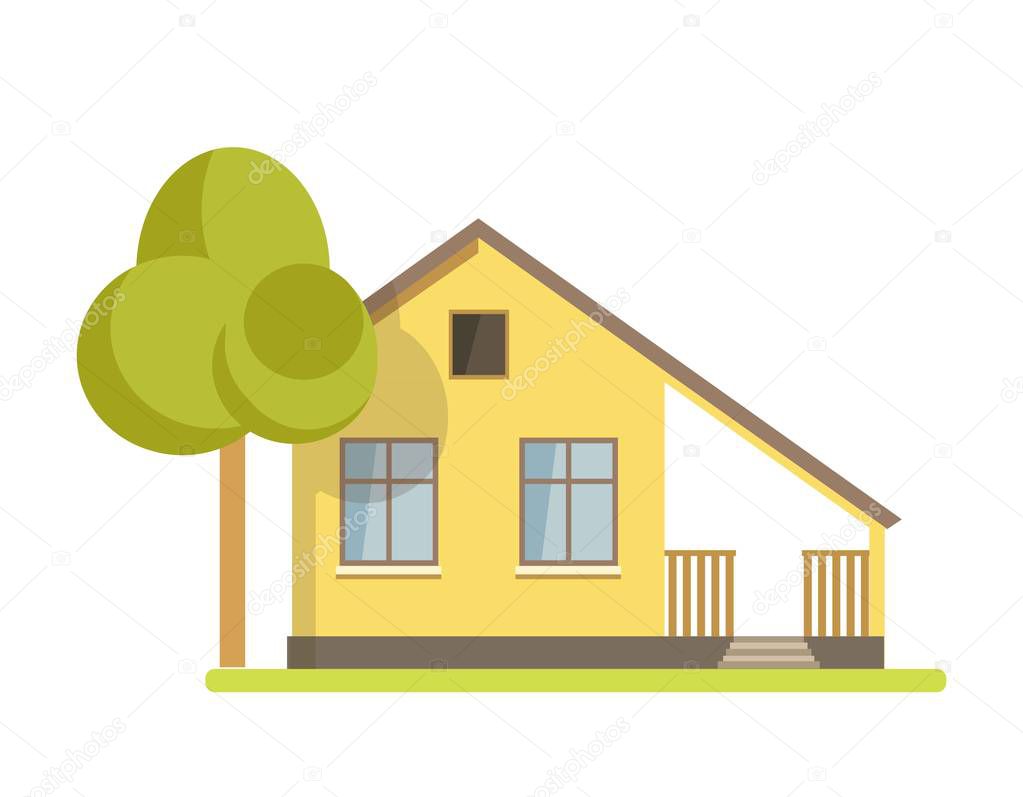 Cute cottage brick house with small balcony, spacious attic, large windows, veranda on side, chimney pipe and green lawn with tall trees isolated cartoon flat vector illustration on white background.