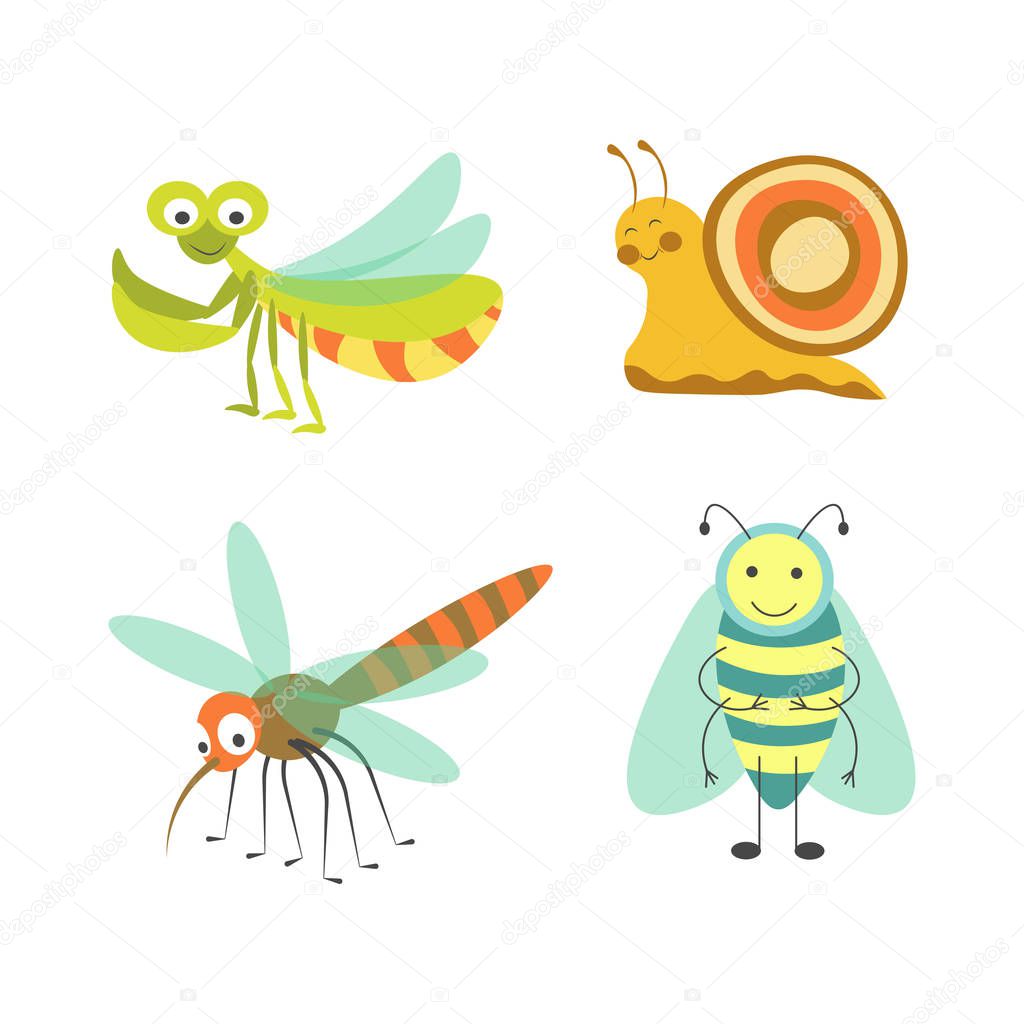 Funny insects with cheerful faces isolated vector illustrations set on white background. Mantis with huge eyes, snail with colorful shell, nasty mosquito with long nose and friendly striped bee.