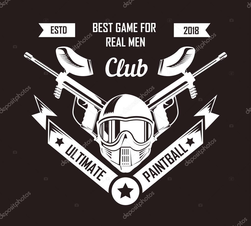 Paintball club logo template of pint ball gun rifles crossed with ribbon. Paintball game sport retro icon of gamer shooting target weapon