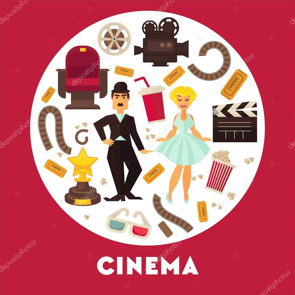 Cinema advertisement banner with famous actor and actress surrounded by symbolic cinematographic equipment, gold award and snack for seans inside circle isolated cartoon flat vector illustration.