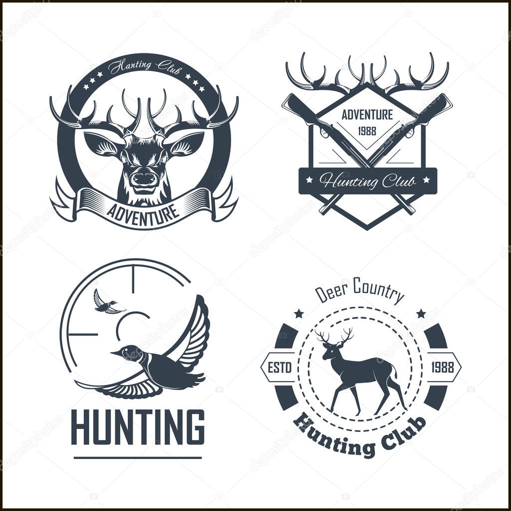 Hunting club or hunt adventure logo templates set. Vector isolated icons of hunter rifle gun and retro horn for animal hunting open season badge of deer or elk antler trophy and duck goose in target