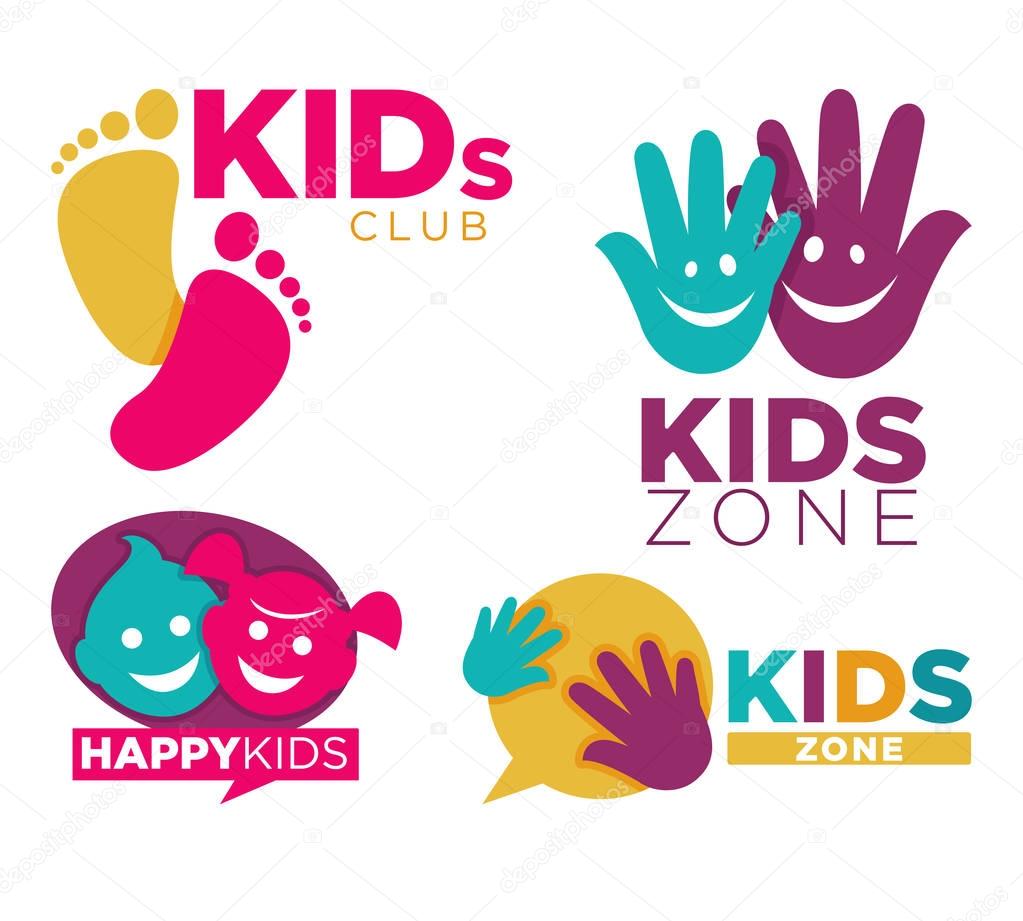 Kids club with entertainments bright promotional emblems set isolated cartoon flat vector illustration on white background. Childrens zone logotypes with human hands, funny faces and half moon.