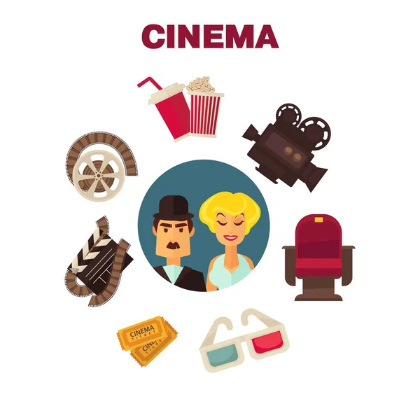Rétro cinéma film cinématographie affiche des acteurs et des équipements cinématographiques . — Image vectorielle