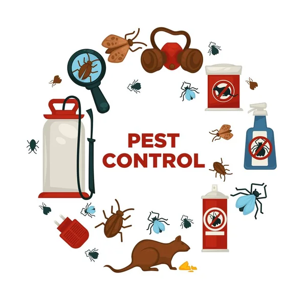 消灭或虫害控制服务公司信息海报模板 用于卫生家用消毒 螨类昆虫消毒剂喷雾剂的载体平面设计 — 图库矢量图片
