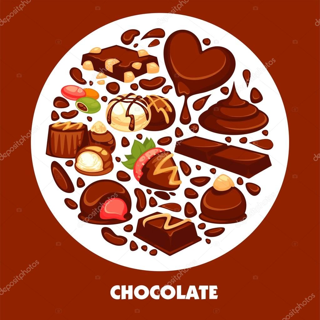 Delicious chocolate products of high quality promotional poster. Bars and candies with flavored cream and nuts inside big circle with sign underneath isolated vector illustration on white background.