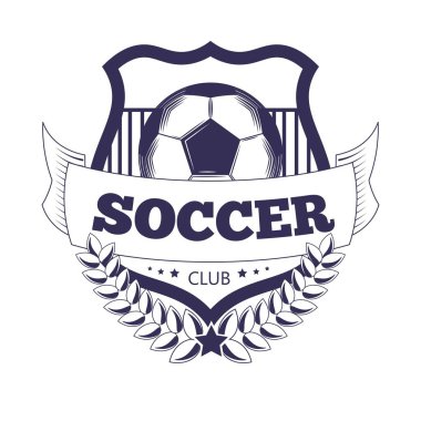 Futbol kulübü veya Futbol Ligi Şampiyonluk Kupası logosu şablonu. Futbol topu, futbol şampiyonu kanatları ve zafer defne yıldız spor turnuva için şerit kalkan vektör izole hanedan simgesi
