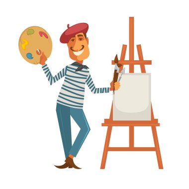 Kırmızı bere, çizgili gömlek ve boyun atkısı kıvrılmış bıyıklı Fransız ressam paleti ve boş ahşap şövale izole karikatür düz vektör çizim beyaz zemin üzerine bez tutar.