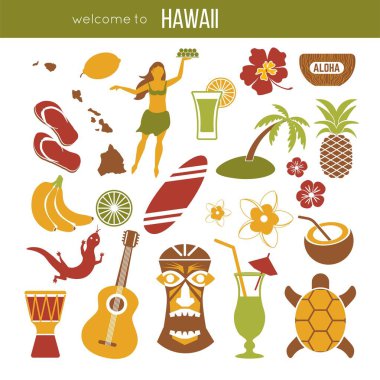 Hawaii gezi yerlerinden ve ünlü vektör seyahat konumlar poster. Aloha Hawaii harita ve bayrak, simgeleri vektör ve gitar ve dansçı, egzotik meyve veya kokteyller ve plaj avuç içi ile kaplumbağa