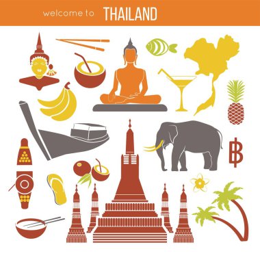 Tayland seyahat sembolleri ve Bangkok simge kümesi. Koleksiyon turizm simgeler fil ve keşiş, altın Buddha ve Tapınak, çiçek ve ananas, bayrak ve harita.