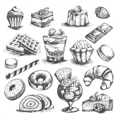 Pasta ve tatlı tatlılar fırın veya şeker bir Pastane Icons set kroki. Vektör çikolatalı kek, tiramisu pasta ve dondurma ve meyve kek, peynirli kek veya kek puding için Pastane Cafe
