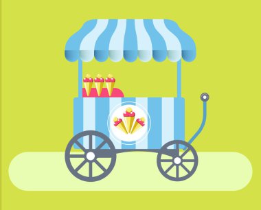 Dondurma arabası yeşil çayır üzerinde çizgili çadır. Büyük tekerlekler lezzetli soğuk tatlılar koni waffle karikatür düz vektör çizim içinde taşınabilir tezgahta. Lezzetli tatlı ile mobil alışveriş davranır.