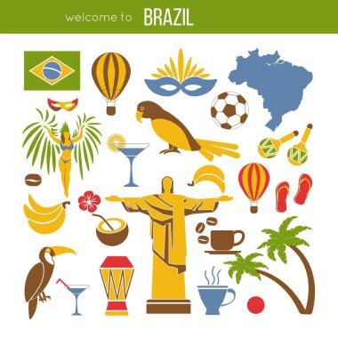 Brezilya gezi yerlerinden ve ünlü vektör seyahat konumlar poster. Brezilya bayrağı ve harita, İsa'nın kurtarıcı Rio de Janeiro, samba karnaval davul, kahve ve futbol vektör düz simgeleri