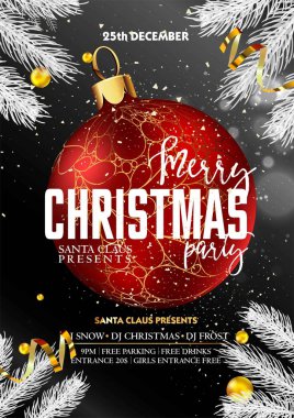 Neşeli Noel partisi ile Noel Baba'dan sunar ve ünlü DJ'ler posteri dekoratif topu, karlı köknar dalları ile serpantin gerçekçi vektör çizim altın curl ayarla.