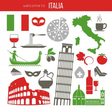 Roma İtalya simgeler kümesi. İtalyan vektörel çizimler. Koleksiyon simgeler Venedik Maske ve gondol, Pisa Kulesi ve Colosseum, pizza ve peynir, zeytinyağı, şarap şişesi ve makarna, bayrak ve harita.