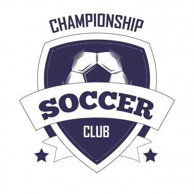 Kalkan ve beyaz zemin üzerine mavi renklerde izole karikatür düz vektör çizim üzerinde şerit içinde oyun için standart futbol Futbol Kulübü Şampiyonası promosyon tek renkli amblem.