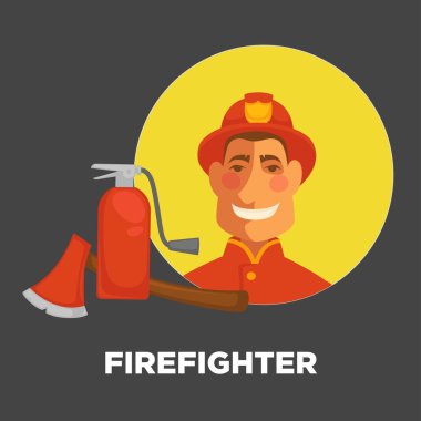 İtfaiyeci ile yangın söndürücü ve balta donatım söndürme üniformalı. Profesyonel itfaiyeci itfaiye için düz izole simge vektör veya ateş koruma tasarlamak