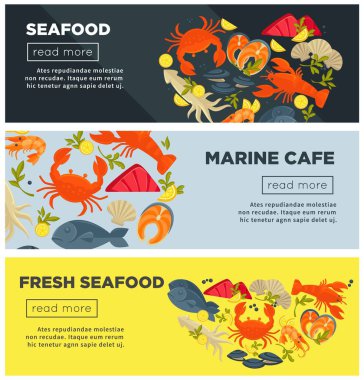Deniz café taze deniz ürünleri reklam Web Internet sayfasında ham Yengeç, egzotik ıstakoz, pahalı somon, enfes istiridye, karides hükümdarı ve kalamar karikatür düz vektör çizimler mürekkep.