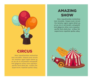 İnanılmaz renkli Balonlar, geleneksel ile uzun boylu şapkalı tavşan vintage sirk dikey tanıtım posterleri çizgili Show'da çadır, özel top ve altın bilet vektör çizimler karikatür.
