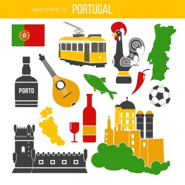 Beyaz üzerine Portekiz geleneksel nesneleri koleksiyonu. Renkli Portekizce müzik aletleri ve Gezilebilecek Yerler, porto içki, Balık ve et yemekleri sembolleri. Şablon vektör çizim seyahat