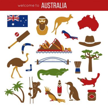 Avustralya kültür simgeler kümesi. Koleksiyon simgeler kanguru ve koala, bumerang ve dalga köpüğü, Aborjin ve peyzaj, köprü ve Sydney Opera Binası.