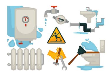 Ev Sıhhi tesisat ve kanalizasyon su kaçağı fikstür ve tesisatçı araçları ekipmanları çalışır. Vektör simgeler mutfak veya banyo musluk, tuvalet dalgıç ve boru hattı İngiliz anahtarı dokunun