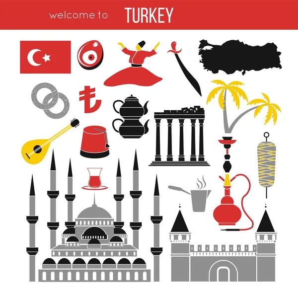 Ensemble Pays Turquie Culture Symboles Traditionnels Collection Icônes Mosquée Tour — Image vectorielle