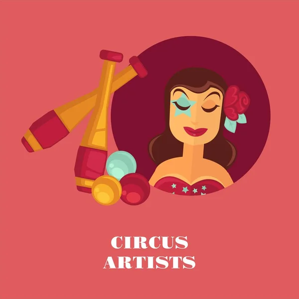 Sirk Sanatçı Promo Poster Kadın Hokkabaz Ekipmanları Gül Desenli Saç — Stok Vektör