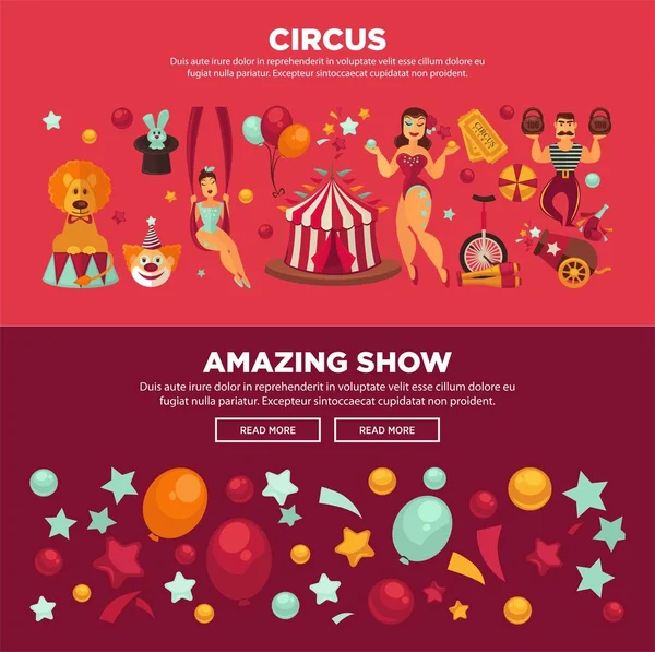 Cirque avec des modèles étonnants de pages internet promotionnelles spectacle — Image vectorielle