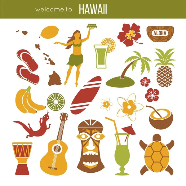 하와이 명소와 포스터 알로하 하와이 플래그 아이콘 이국적인 칵테일 야자수와 — 스톡 벡터
