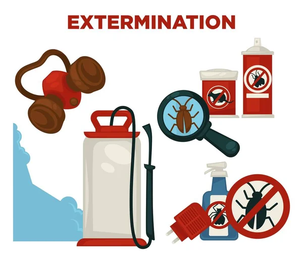 有害的昆虫灭绝设备和手段被隔绝的卡通矢量例证在白色背景设置了 防护面罩 特殊气瓶 液体化学物质和电气装置 — 图库矢量图片