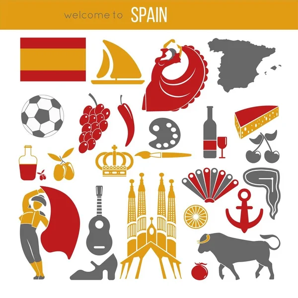 España Viaje Destino Cartel Promocional Con Ilustraciones Vector Aduanas Delicioso — Archivo Imágenes Vectoriales