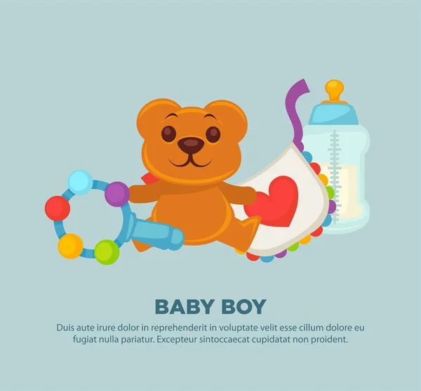 玩具为新生的男婴在宣传海报 五颜六色的拨浪鼓 软的泰迪熊 纺织品围兜与红色心脏和透明瓶牛奶卡通在蓝色背景上的平面矢量插图 — 图库矢量图片