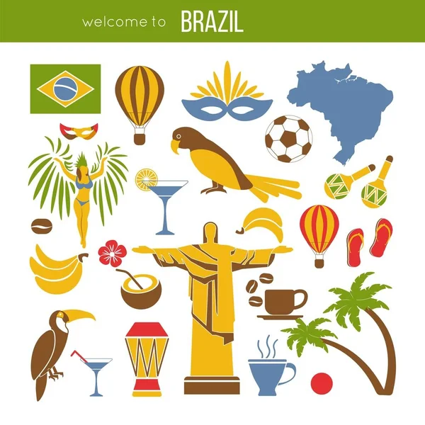 Brazil Sightseeing Landmarks Famous Vector Travel Attractions Poster Vector Flat — Stock Vector