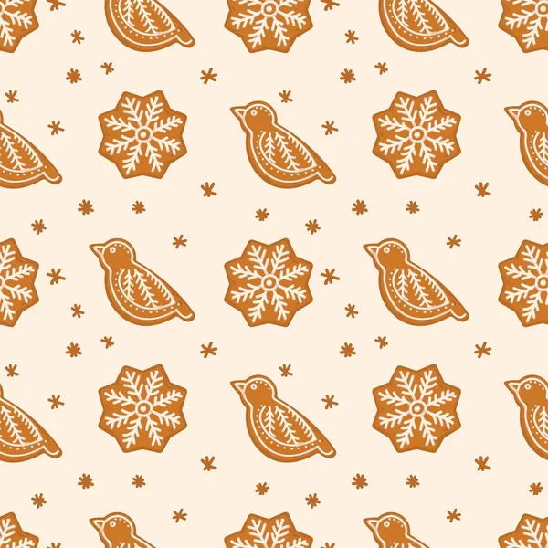 Lebkuchen Form Von Vogelprofil Und Großen Schneeflocken Nahtlos Muster Köstliche — Stockvektor