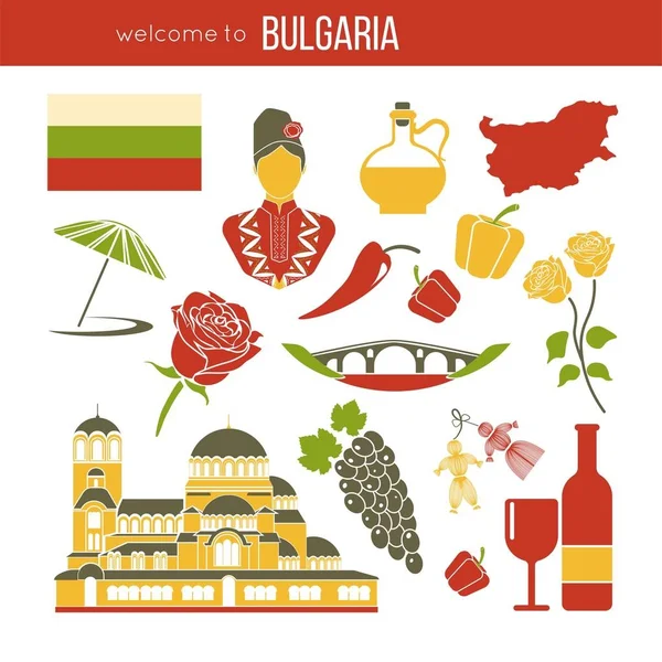 Bulgarije Traditionele Symbolen Witte Geïsoleerd Reizende Concept Kleurrijke Vectorillustratie Platte — Stockvector